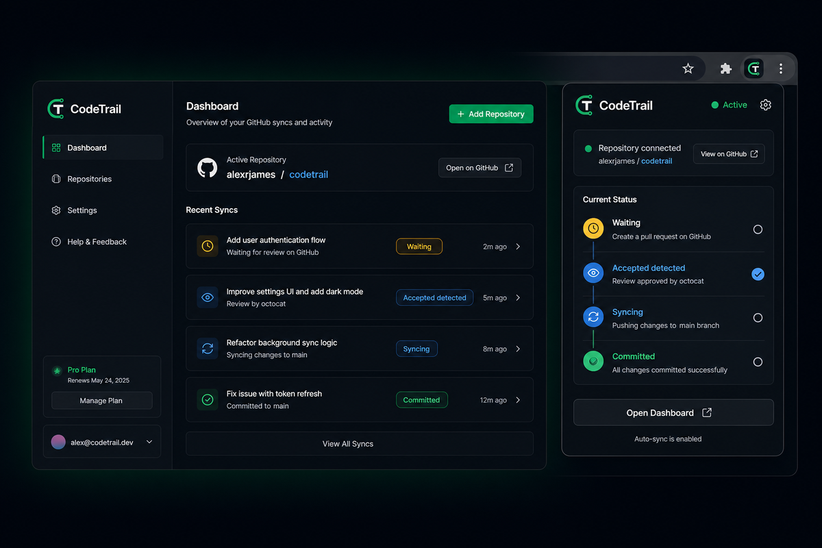 CodeTrail dashboard-style screenshot showing waiting, accepted, syncing, and committed states